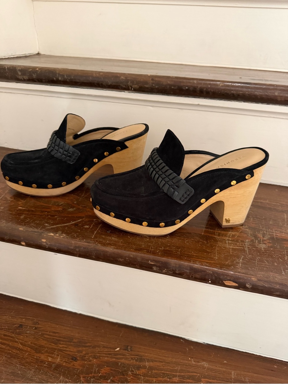 Veronica Beard Black Suede Wood-Platform Stud Clogs